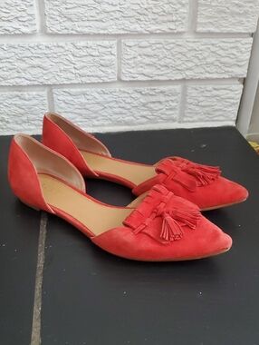 J. Crew Red Suede Tassel D'Orsay Flats Loafers Sz 7.5 Feminine Coquette Business